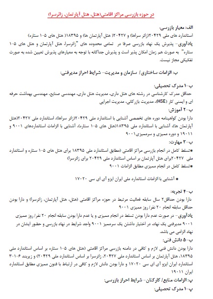 شرایط احراز لازم برای مدیر فنی و بازرس حوزه بازرسی مراکز اقامتی (هتل ها، مهمانسراها و زائر سراها) براساس استاندارد 17020