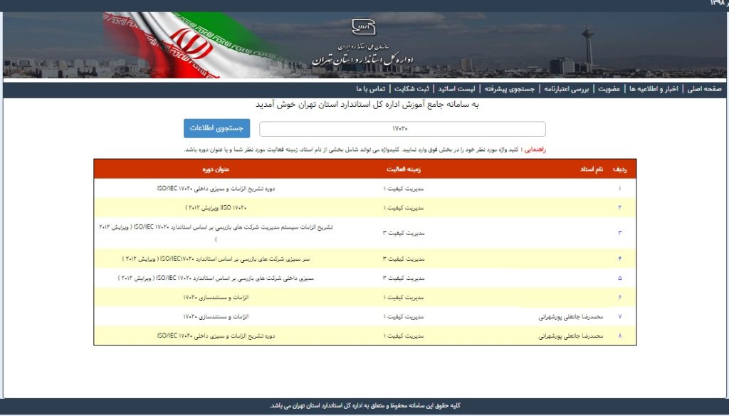 لیست مدرسین ذیصلاح در سایت اداره کل استاندارد استان تهران- تدریس استاندارد 17020 لیست مدرسین ذیصلاح در سایت اداره کل استاندارد استان تهران- تدریس استاندارد 17020