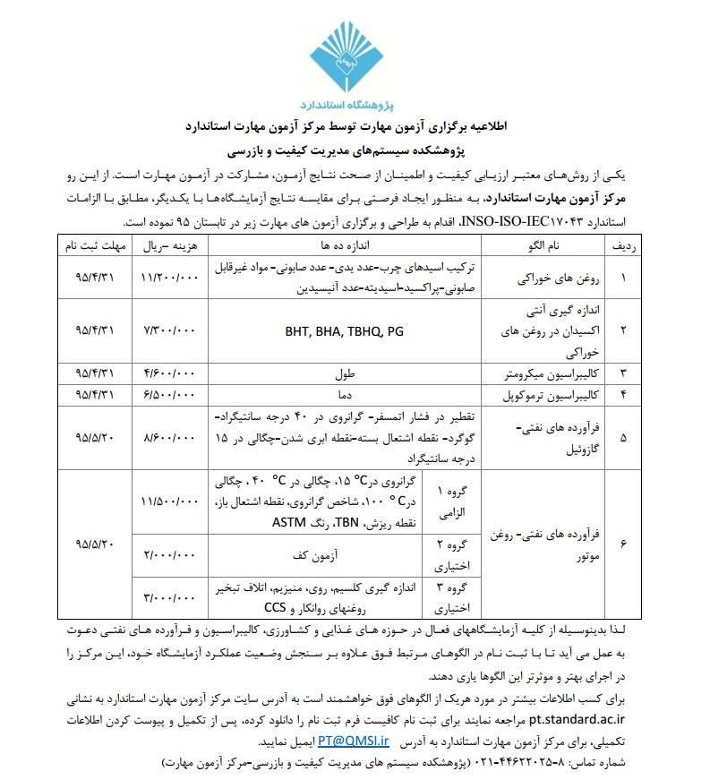 اطلاعیه برگزاری آزمون مهارت استاندارد توسط پژوهشگاه استاندارد اطلاعیه برگزاری آزمون مهارت استاندارد توسط پژوهشگاه استاندارد