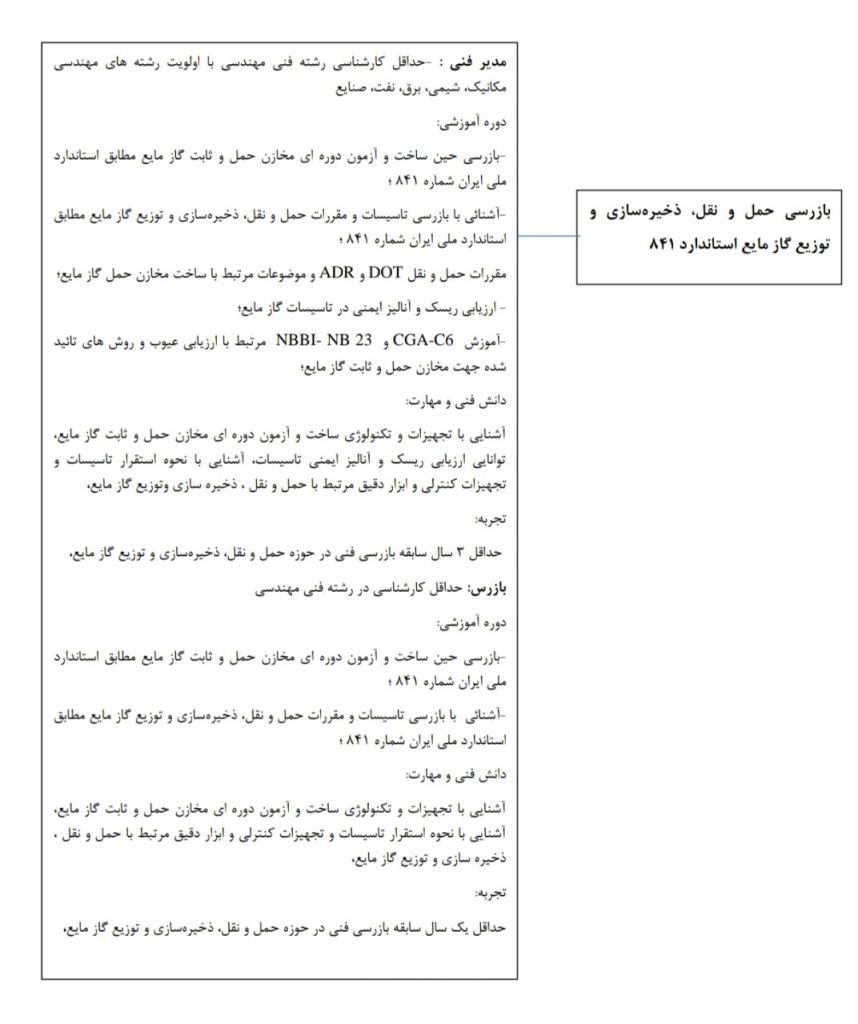 شرایط احراز مدیر فنی و بازرس در حوزه بازرسی حمل و نقل، ذخیره سازی و توزیع گاز مایع استاندارد ۸۴۱