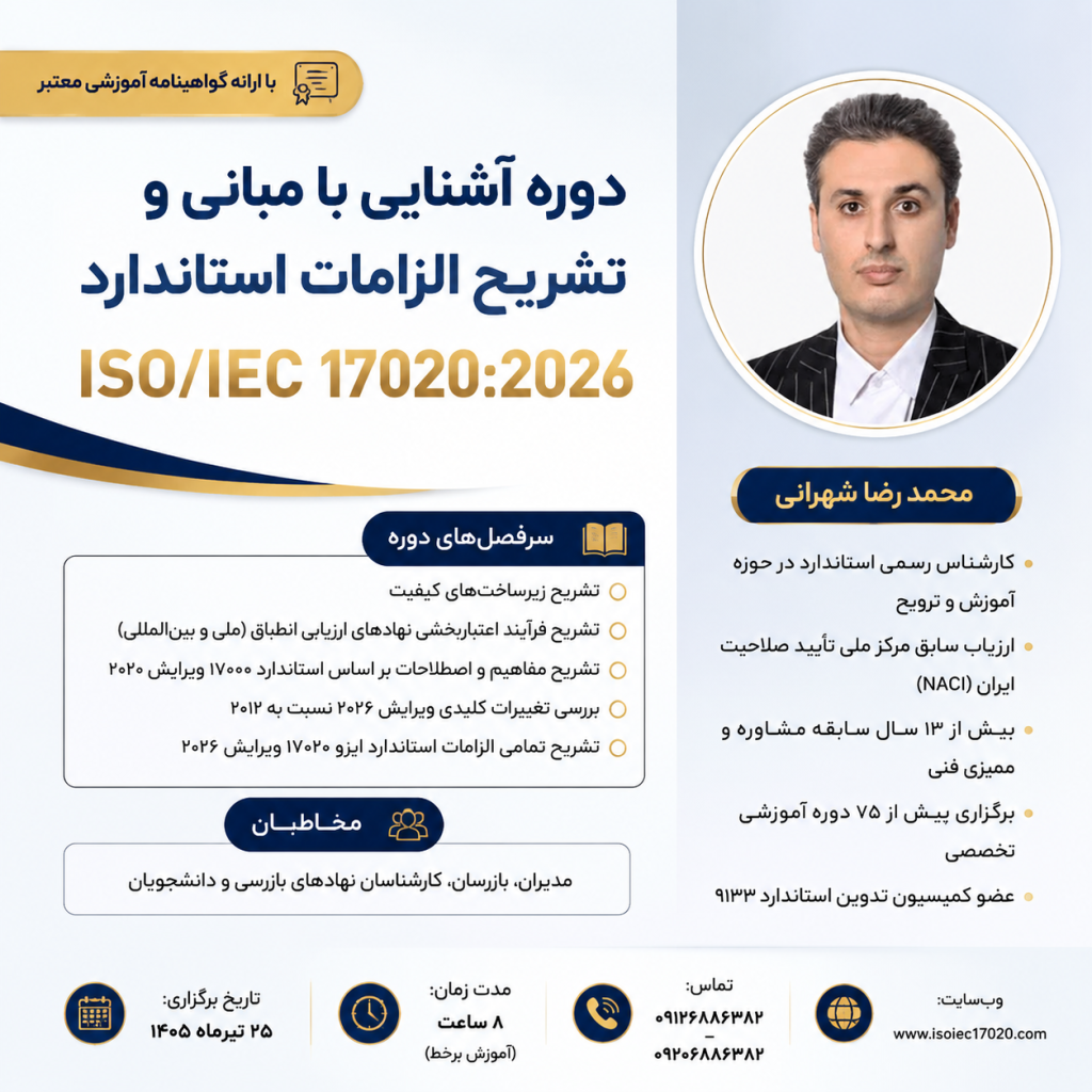 دوره آموزشی آشنایی با الزامات استاندارد ISO/IEC17020:2026 برگزار می شود.